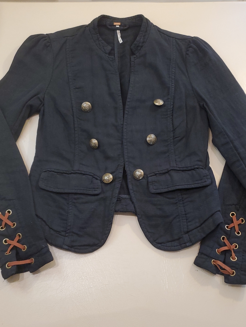 Free People Black Military-Inspired Blazer Suede Corset Lace Up Cuffs Women's XS
